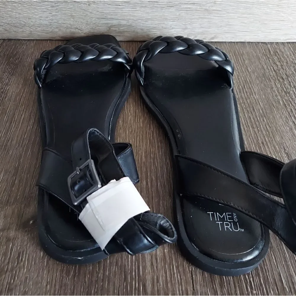 NEW Time And Tru Women's Size 11 Black Braided Ankle Strap Buckle Sandals